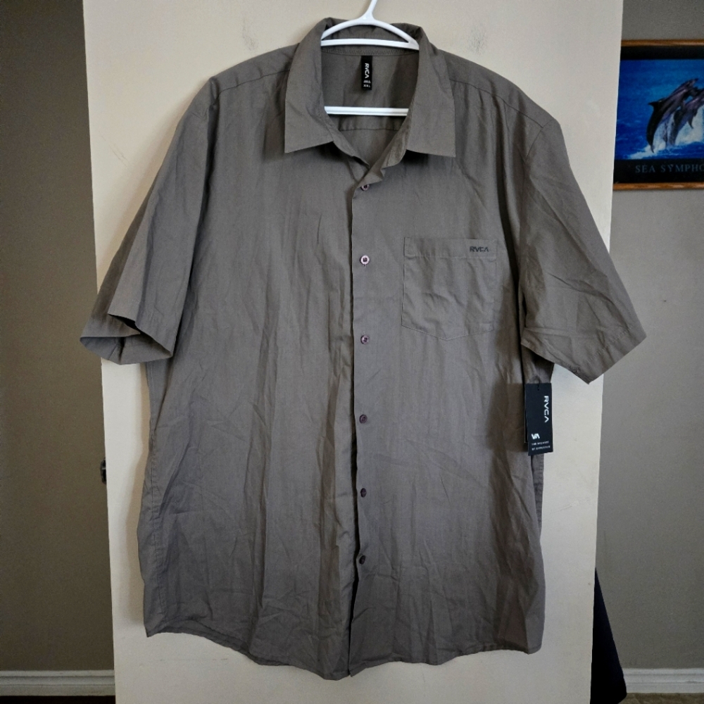 RVCA NWT Men's Gray Short Sleeve Shirt Button Up Dress Casual Top XXL